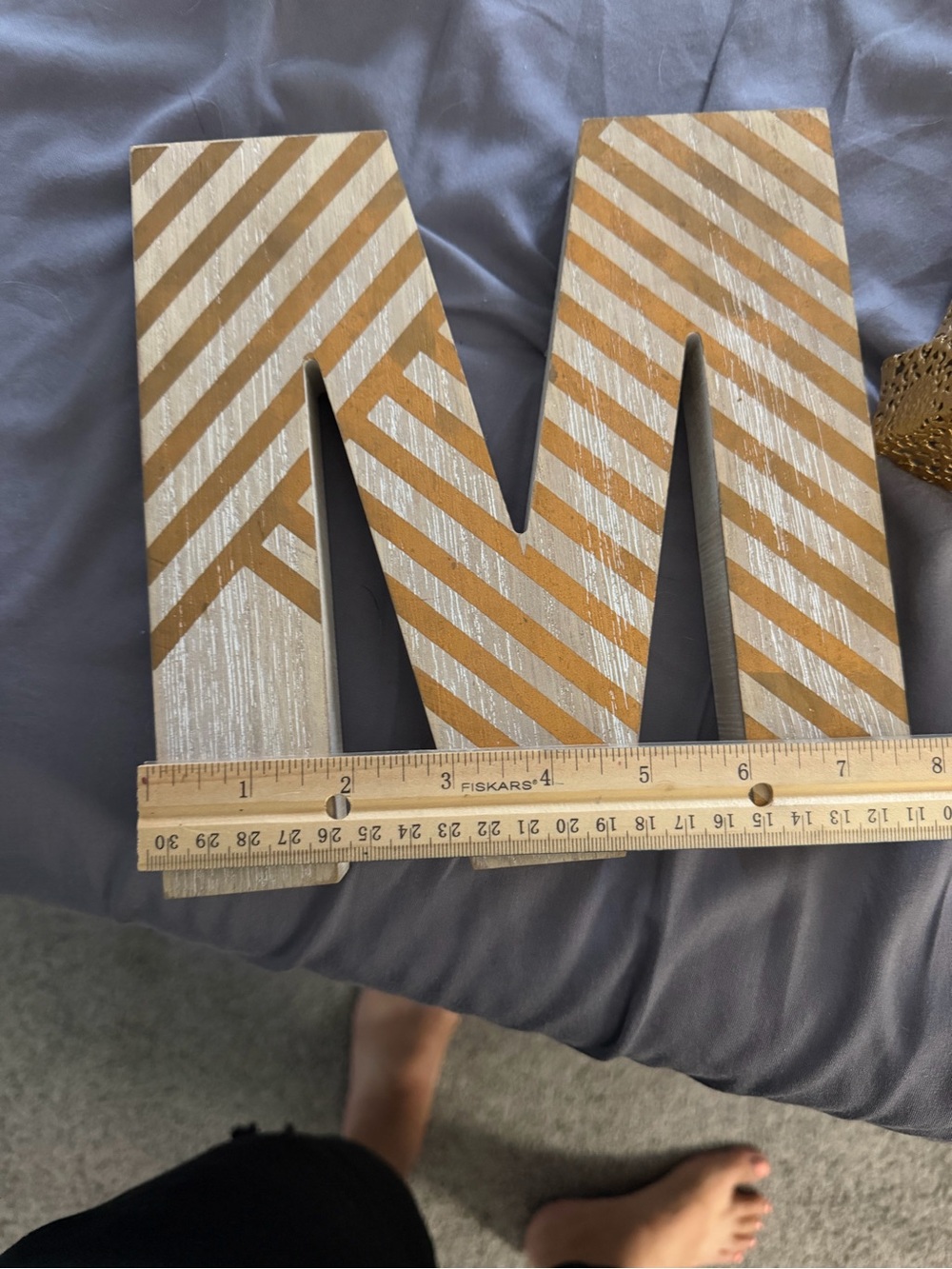Decorative Striped Wooden Letter M in White and Gold